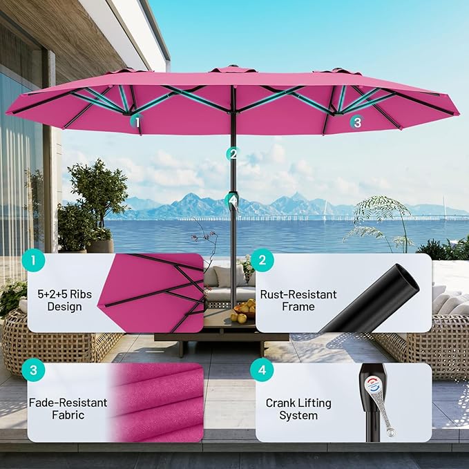 AreShark 15ft Patio Umbrella with Base, Double Sided Outdoor Umbrella with 12 Fiberglass Ribs, Large Outdoor Umbrella for Garden, Pool, Deck, Backyard & Market, Rose Pink