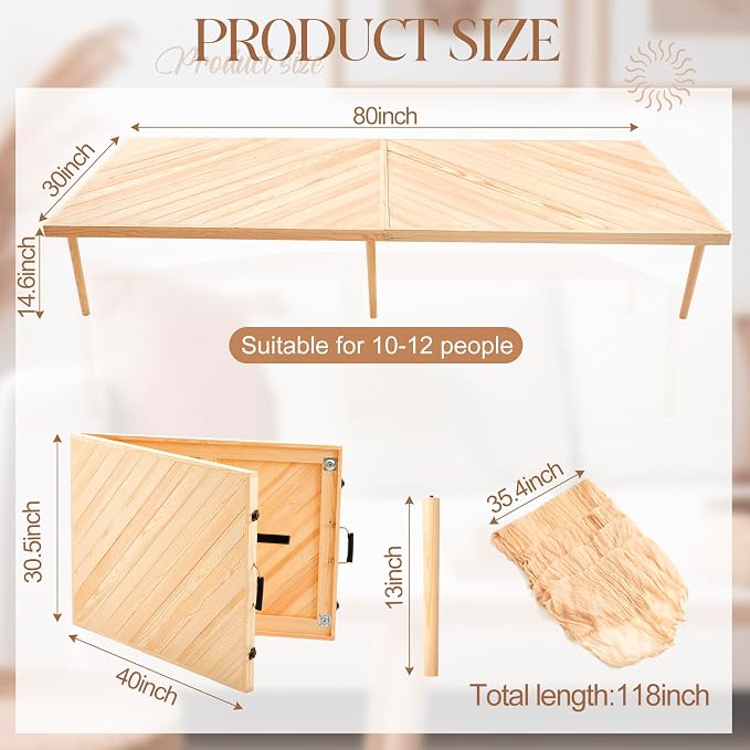 Novabright 12 Person 80 x 30 Inches Boho Table Low Folding Picnic Table Beach Portable Low Wood Floor Event Foldable Garden Wedding Party Camping Picnic with Runner Set(Natural Wood)