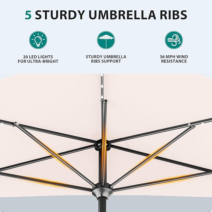 AreShark 9ft Patio Half Umbrellas with Solar Lights, 1/2 LED Half Outdoor Umbrella w/ 20 LED Lights, Lighted Table Wall Umbrella with Crank & 5 Sturdy Ribs for Market, Pool, Deck, Lawn and Garden, Cream White