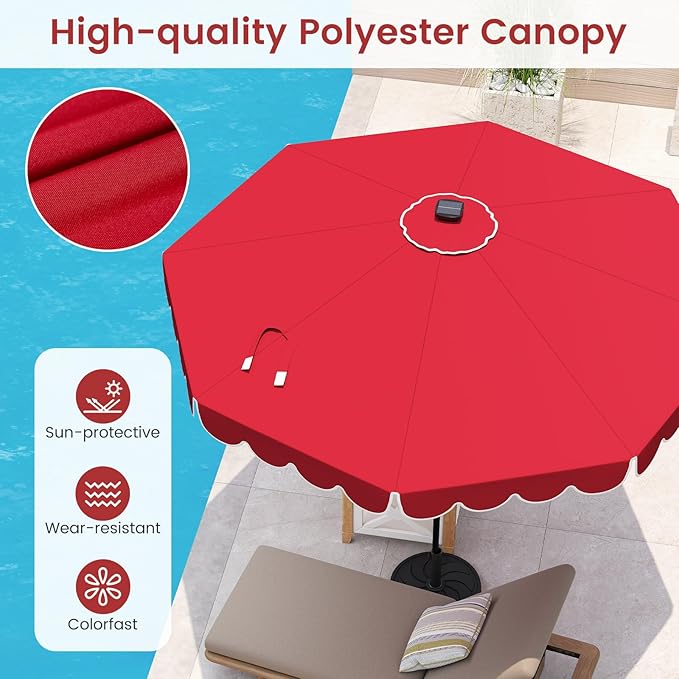 HAPPYGRILL 10 FT Patio Umbrella with Solar Lights, Market Sunshade with Ruffles, Vented Top, Tilt Adjustment & Built-in Crank, Outdoor Parasol Canopy for Backyard Poolside Deck Beach Lawn