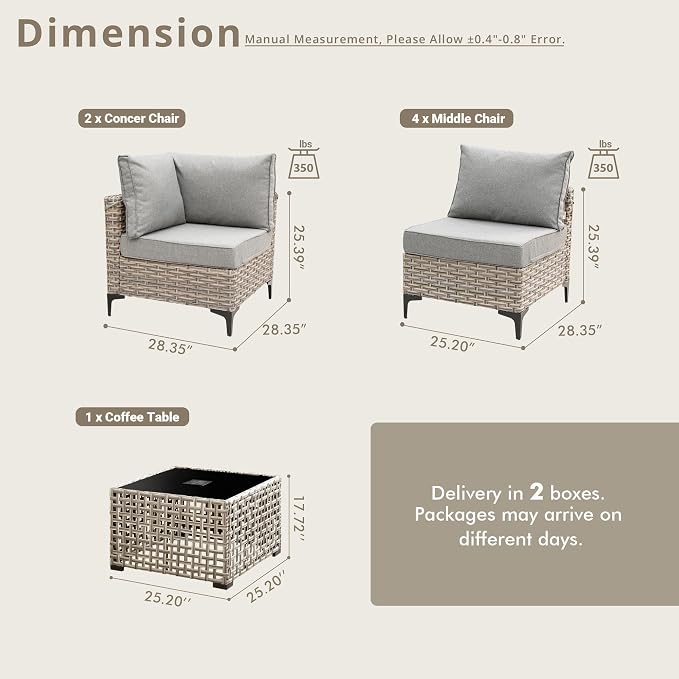 7 Pieces Patio Sectional Furniture Set, Outdoor Wicker Sectional Couch with Solar Lights Table, Modern Conversation Set for Porch Balcony Backyard, Dark Gray