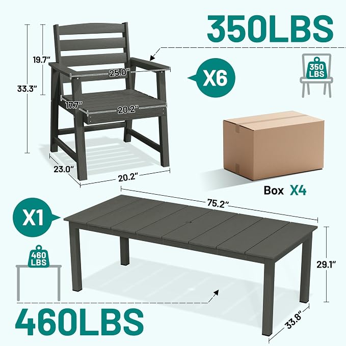 PLUUV 7-Piece Outdoor Patio Dining Set, All-Weather HDPE Dining Furniture Set with Umbrella Hole Cut-Out Table, Aluminum Table Legs, and 6 Chairs, Waterproof & Easy Clean for Backyard, Garden, Grey