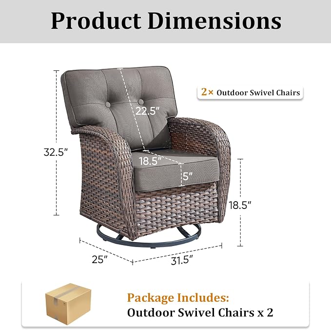 2-Piece Wicker Patio Furniture Set with 5-Inch Thick Cushions Weather Resistant Rattan High Back Swivel Rocker Chairs Senior Friendly Conversation Set for Small Porch Deck Sunroom Brown/Grey