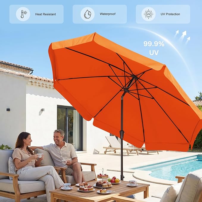 ABCCANOPY 9ft Scalloped Patio Umbrella, Outdoor Table Umbrella with Tilt and Crank, Fiberglass Ribs Deck Umbrella for Patio, Pool, Garden, Picnic (Orange)