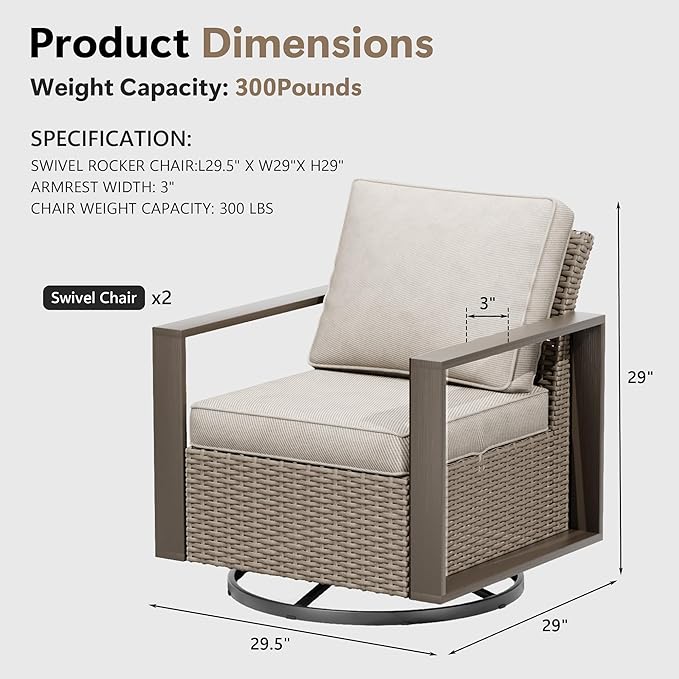 Patio Chairs Set of 2, Outdoor Swivel Rocker Patio Chairs, Metal Patio Furniture with Deep Seating, Thicken Cushions for Deck, Porch, Yard Use (Beige, 2 PCS/Swivel)