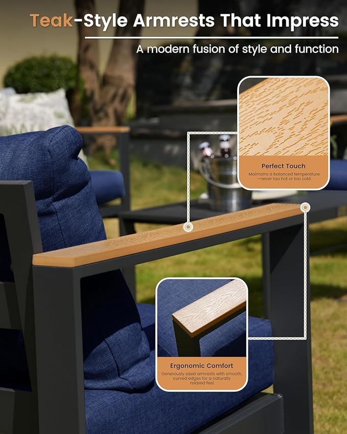 Aluminum Patio Furniture Set, 4 Piece Metal Outdoor Furniture Set with 6″ Thick Washable Cushions & Coffee Table, All Weather Patio Conversation Sets for Yard, Poolside, Garden (Navy Blue)