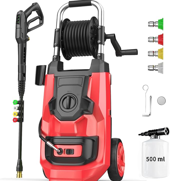 Electric Pressure Washer 5000 PSI Adjustable Pressure, Power Washer Electric Powered with 33ft Pressure Hose, 4 Nozzles and 500ml Foam Cannon, Powerwashers for Home, Red