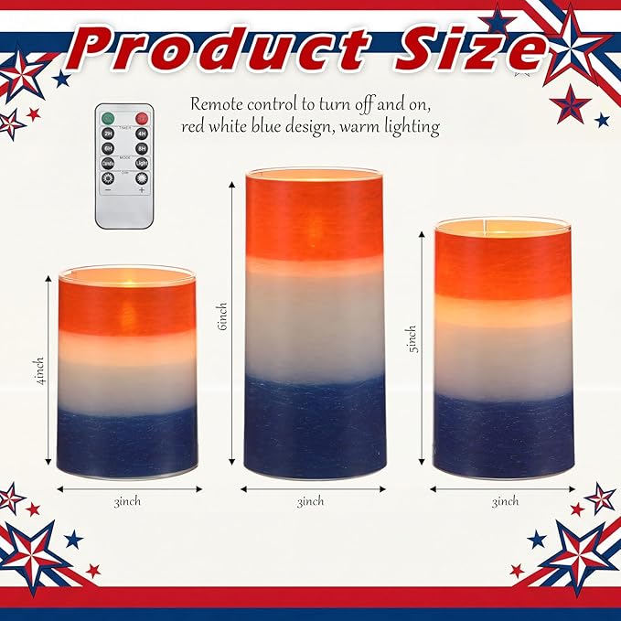 Tujoe 3 Pcs Patriotic Flameless Candles 4th of July LED Battery Pillar Candles Set Battery Operated Independence Blue Red and White Flickering Gifts with Remote Decorations for 250th Anniversary