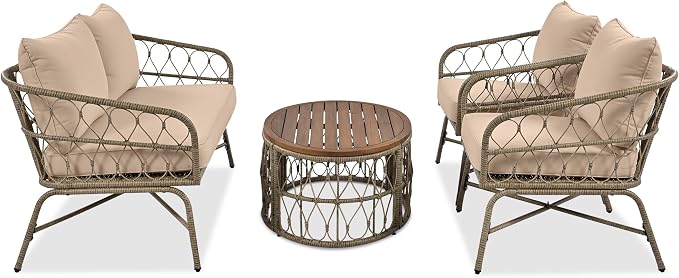 Merax 4 Piece Outdoor Patio Furniture Sets, Bohemia Style Small Wicker Patio Conversation Furniture Rattan Chair Set with Coffee Table Top for Backyard Porch Garden Poolside Balcony, Beige