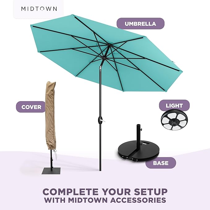 Midtown Umbrellas – The Lean 8 Ft Patio Umbrella with 10-Year-No-Fade Acrylast Acrylic Fabric, Auto-Tilt and 8 Reinforced Ribs for Deck, Pool, Garden, Hotel & Cafes – Azure Canopy, Black Pole
