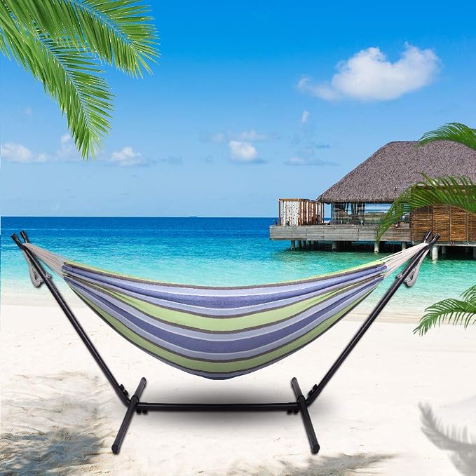 Portable Outdoor Polyester Hammock Set,Single or Double Travel Swing Hammocks,Heavy Duty Steel Hammock Stand,Lightweight Camping Hammocks Set,with Carry Bag,for Patio Porch Beach Backyard (Green)