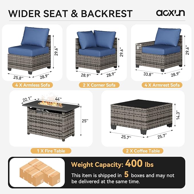 Aoxun Patio Furniture Sets with 44'' Fire Pit, 13 Pcs Outdoor Patio Coversation Set with 4in Thicken Cushion, Widen Armrests Wicker Outdoor Sectional for Backyard (Waterproof Cover Include)