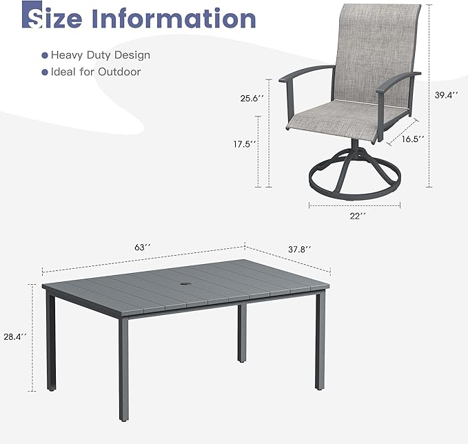 VICLLAX 7 Pieces Patio Dining Set, Patio Furniture Set of Metal Outdoor Table with Umbrella Hole and 6 Swivel Patio Chairs for Backyard Lawn, Grey & Dark Grey