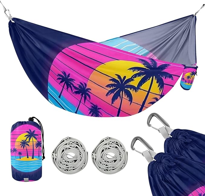Summer Neon Coconut Tree Sunset Beach 330lb Capacity Outdoor Hammock with Portabl Carry Bag Swing Hammock for Indoor Outdoor Patio Base para poner hamaca