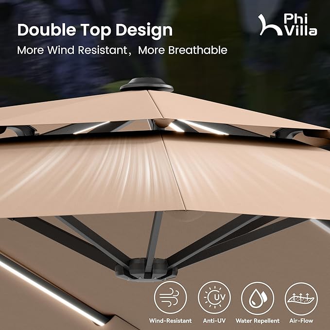 PHI VILLA 13ft Patio Umbrella with 120 PCS Solar-Powered LED Color-Changing Lights, 2-Tier Double-Sided Large Rectanglular Umbrella with Base Included,Beige