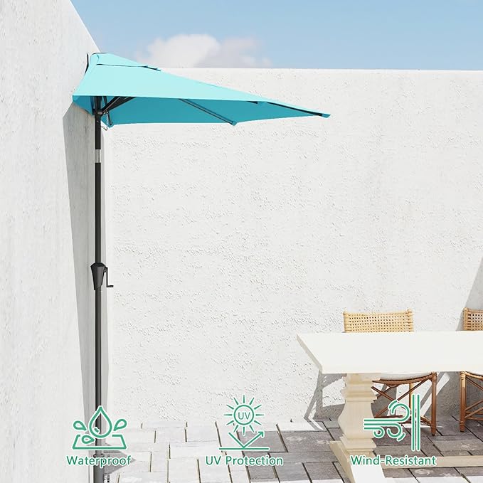 Helios&Hestia 9 ft Small Half Round Wall Outdoor Market Patio Umbrella with Tilt and Crank for Garden, Deck, Balcony