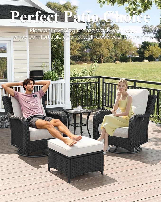 LayinSun 7 Piece Wicker Outdoor Furniture Set with 6-inch Comfy Cushions, High Back Patio Furniture Set with Swivel Rocking Chairs and Fire Pit Table