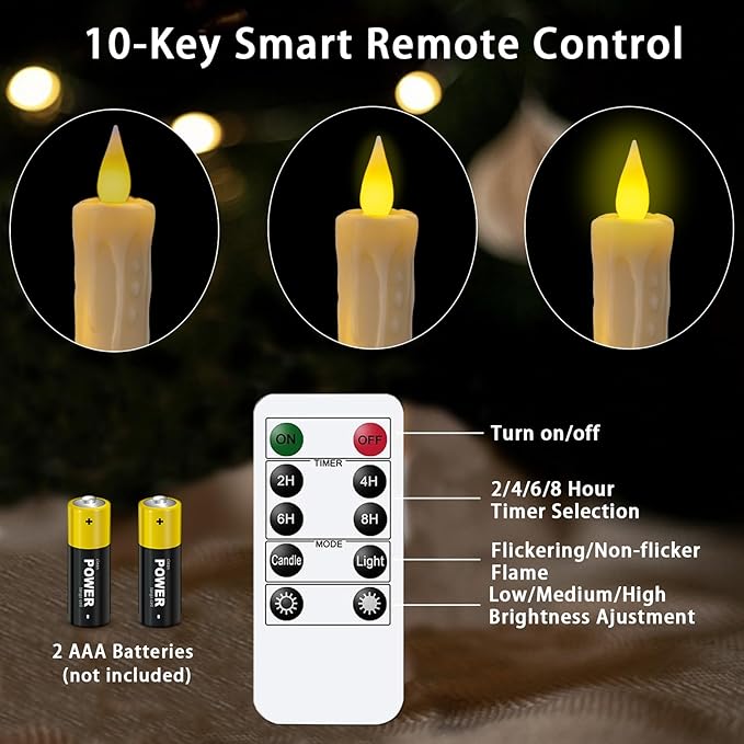 KSWING Upgraded Real Wax LED Flameless Taper Candles with Remote, 2 PCS Ivory Dripping Candlesticks Battery Operated 3D Flickering - 9.6" Long Realistic Fake Candle Sticks for Home/Wedding/Xmas Decor