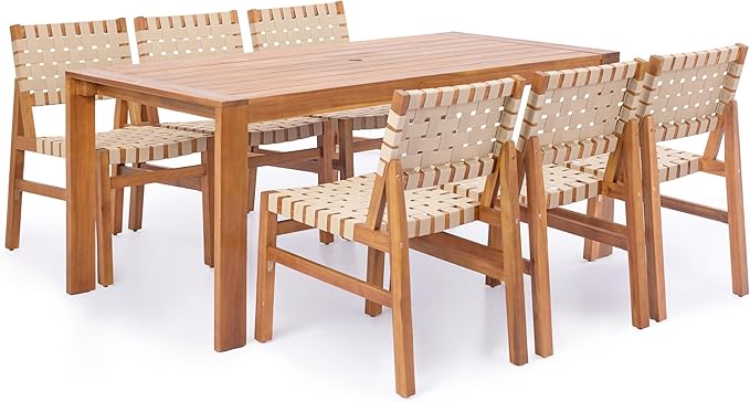 Christopher Knight Home Balew Acacia Wood Patio Dining Set for 6, Solid Wood Outdoor Dining Table Set for 6, 7 Piece Outdoor Dining Set with Rectangular Table and Woven Rope Accents, Teak+Beige