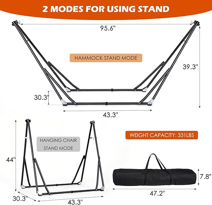 SogesPower 2 in 1 Hammock with Foldable Steel Stand & Carrying Bag,Portable Hammock Swinging Chair for Outdoor Patio Garden Camping Apartment,Color Stripes
