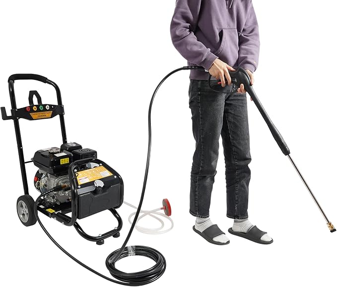 Gas Pressure Washer 2600PSI, 2.4GPM Max Flow, 7HP High Pressure Washer with Hose, Two Wheels, 5 Different Nozzles, for Cars, Fences, Driveways, Homes, Patios, Furniture
