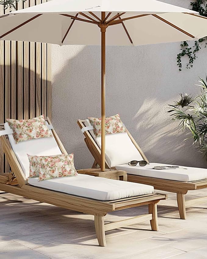 Outdoor Pillows Covers with Inserts Flowers Retro Luxury Floral and Leaf Pattern Waterproof Recliner Pillow with Adjustable Strap Throw Pillows for Patio Furniture Pool Lounge Chair, 12x20 inch, 2PCS