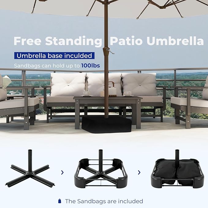 BRIOPAWS 15-FT-Large-Patio-Umbrella-with-Base | Double-Sided | Outdoor Table Umbrellas | w/Crank Handle | 12 Sturdy Fiberglass Rib | UV-Protection | for Garden Deck Backyard Pool | Beige