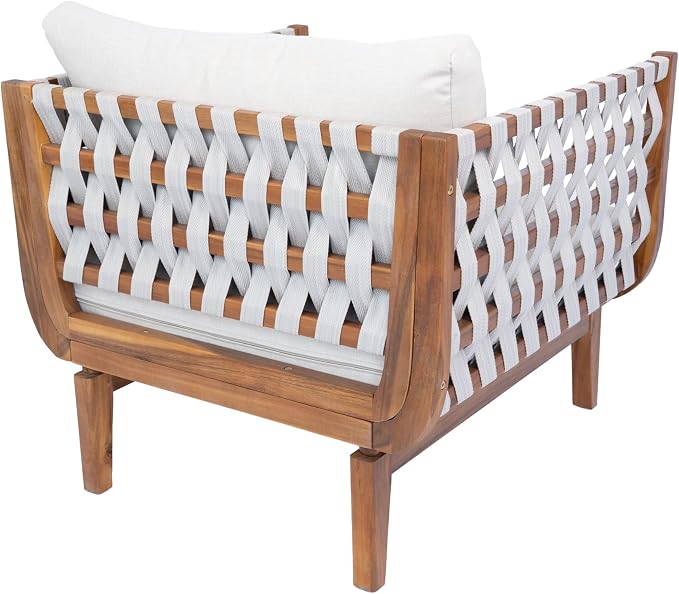 Merax Outdoor Acacia Wood Club Chair wtih Cushions, Patio Sofa Chair with Hand-Woven Rope, Deep Seating for Porch, Lawn, Backyard, Balcony, 400 lbs Weight Capacity, Teak+ Beige