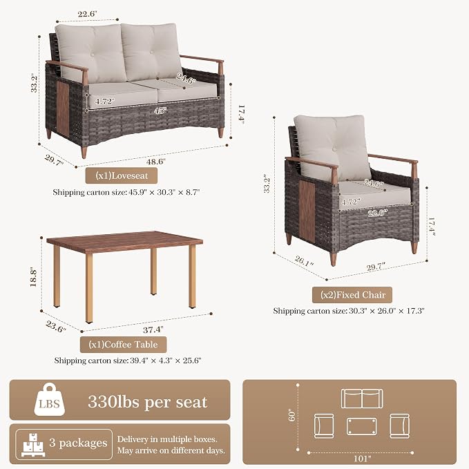Nestnook 4 Pieces Patio Furniture Set, Outdoor Conversation Set with All-Weather Handwoven PE Wicker Sofa, Rattan Chairs and Thick Cushion, Loveseat & Coffee Table for Backyard, Deck & Poolside, Beige