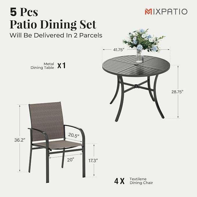 MIXPATIO Patio Table and Chairs Set for 4, 5 Pieces Outdoor Dining Set, 4 Brown Textilene Chairs and 42" Metal Round Table with Umbrella Hole, for Deck Garden Backyard Lawn Poolside