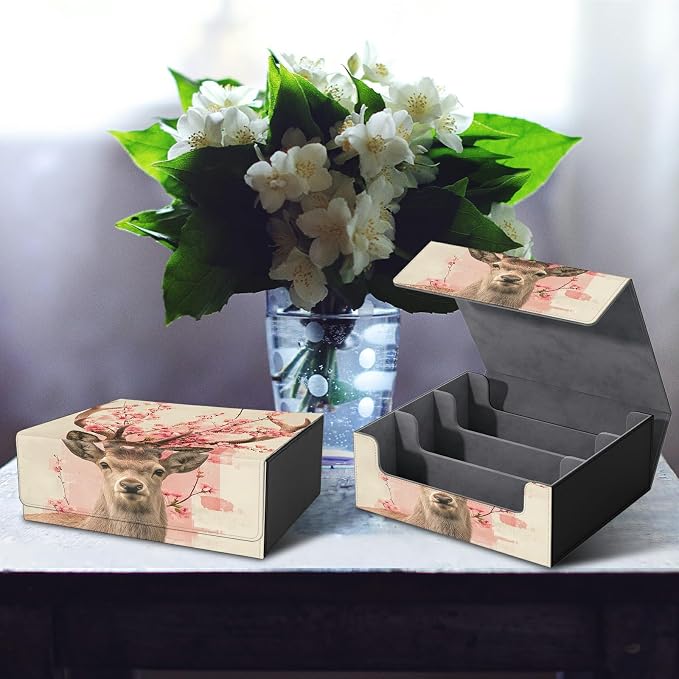 Large Card Deck Box for MTG, Fits 1200+ Sleeved Cards, PU Leather Storage Case with Strong Magnetic Closure, Multiple Colors for TCG CCG Baseball Card Collections, Peach Blossom Deer