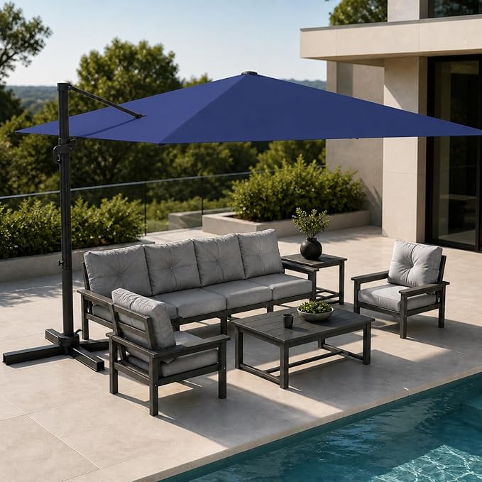 Kingdura 9' X 9' Cantilever Patio Umbrella with Base Included, Large Square Outdoor Offset Umbrella with 360-degree Rotation, 4 Position Tilt, UV Protection for Pool Deck Garden Patio (Navy blue)