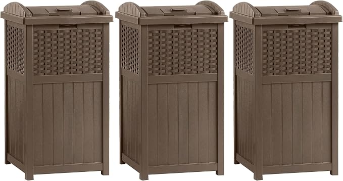 Suncast 3 Pack 33 Gallon Commercial Outdoor Trashcan Hideaway with Lid for 30 to 33 Gallon Trash Bags for Garage, Backyard, or Garden, Brown