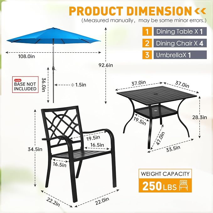 Incbruce 5 Piece Outdoor Dining Set Wrought Iron Patio Dining Set with Sky Blue Umbrella, Dining Furniture Set (4 Dining Chairs and 1 Square Table with 1.57" Umbrella Hole) - Metal Tabletop