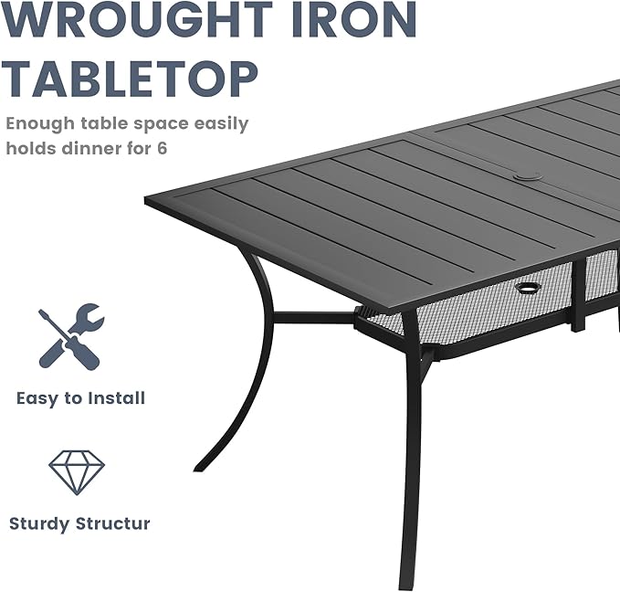 VICLLAX 7 Pieces Patio Outdoor Dining Set, 59" Metal Dining Table with Umbrella Hole and 6 Stackable Textilene Chairs for Patio, Lawn, Garden, Porch, Black/Dark Blue