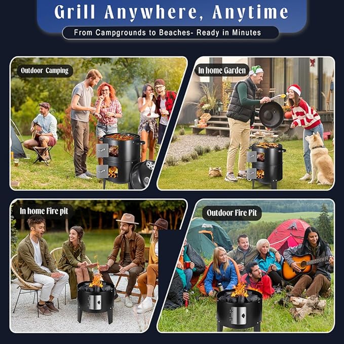 3-in-1 Vertical Charcoal Smoker Grills For Backyard Barbecues, 17 Inch Portable Smoker bbq Grill with Thermometers and 2 Access Doors for Parties Outdoor Camping Cooking (17 Inch)