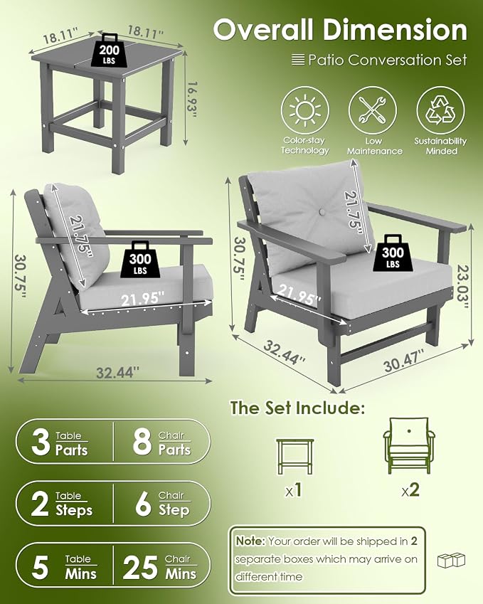 GREENVINES 3-Piece-Patio-Furniture-Set | HDPE Plastic | Outdoor Sectional Conversation Sets | All-Weather Couch | Sofa with Side Table | Detachable Armrests | for Deck Lawn | Gray