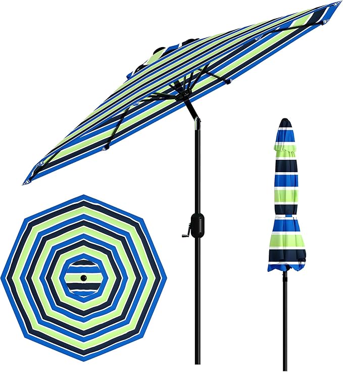 GarveeLife 9 ft Patio Umbrella, Outdoor Table Market Umbrella with Push Button Tilt and Crank, 8 Sturdy Ribs UV Protection Waterproof for Garden, Deck, Backyard, Pool (Yellow-blue-purple striped)