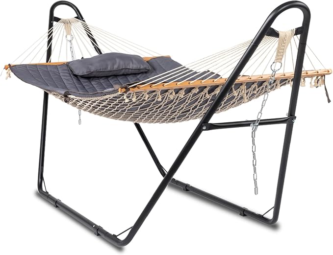 Double Hammock with Stand 450 LBS Capacity Steel Stand, Heavy Duty Outdoor Hammock for Patio, Garden Yard, Backyard, Beach (Gray)