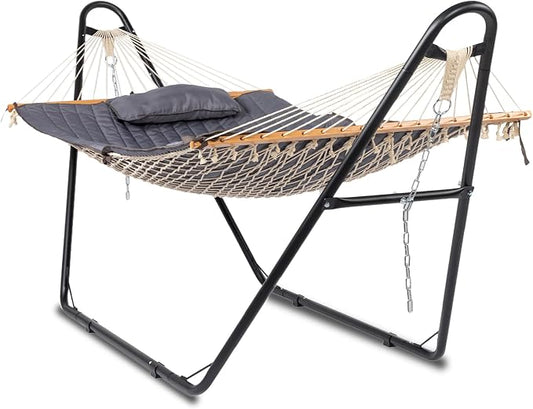 Double Hammock with Stand 450 LBS Capacity Steel Stand, Heavy Duty Outdoor Hammock for Patio, Garden Yard, Backyard, Beach (Gray)