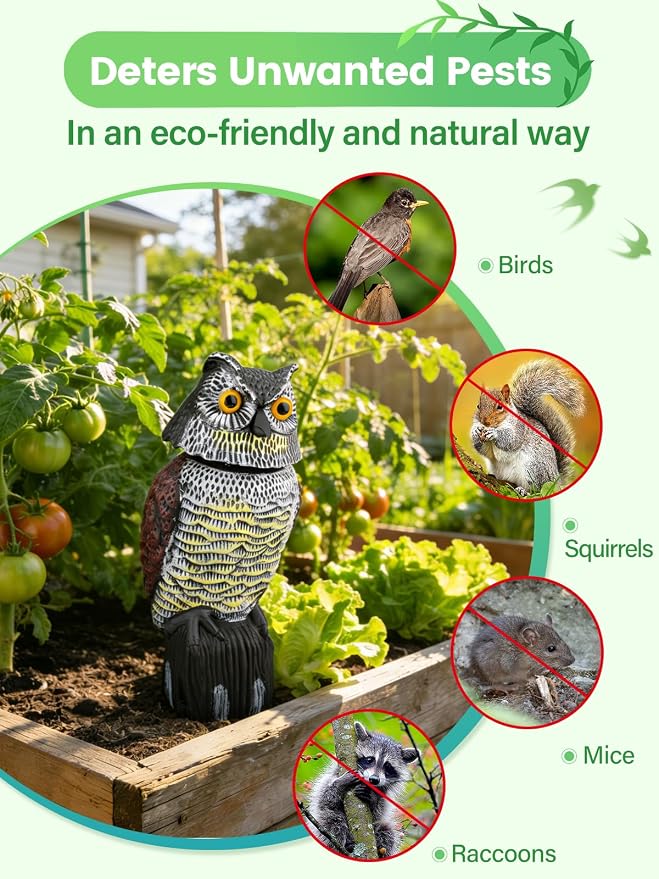 Owl Decoys to Scare Birds Squirrels Away, 360 Rotating Head Activated | Fake Owl Statues Repellent Pest Hawk Squirrel Cats Chickens Pigeon Bird Deterrents for Outside Garden Patios Backyard