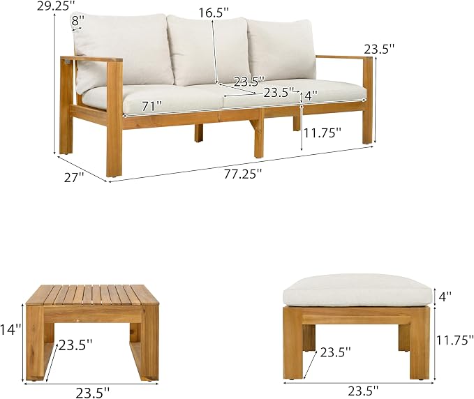 Virubi 3-Piece Acacia Sectional Patio Sofa Set, Water-Repellent Cushions, Transitional Style Outdoor Conversation Sofa Set with Coffee Table & Ottoman for Backyard Garden