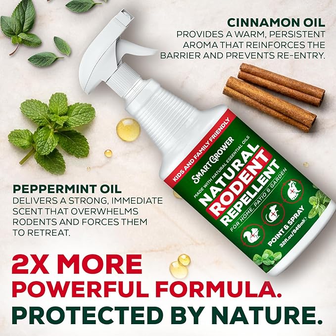 Peppermint Oil Spray for Rodents – Maximum Strength Ready to Use Peppermint Spray for Rodent, Mice, Squirrels – Indoor, Outdoor & Car Engine Protection – 32 oz