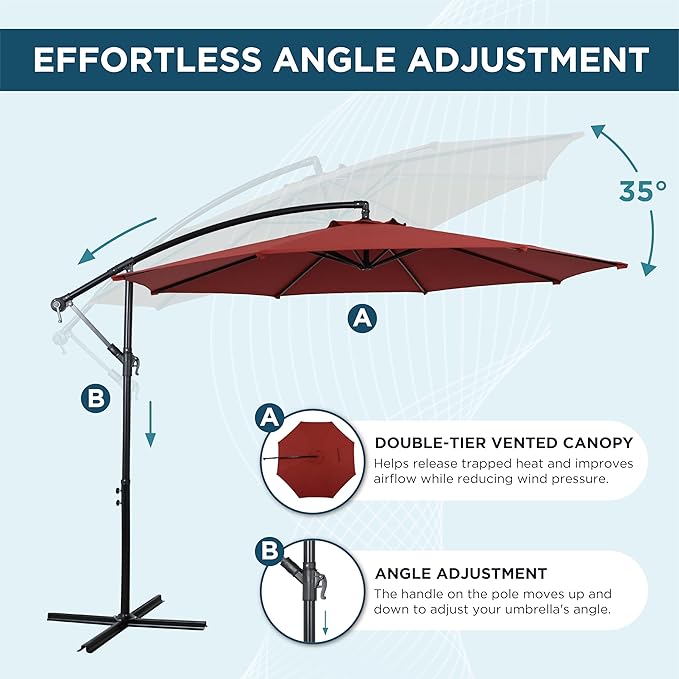 10FT Offset Patio Umbrella, Cantilever Hanging Umbrella with Infinite Tilt, Fade-Resistant Water-Repellent Canopy & Cross Base for Yard, Garden & Deck