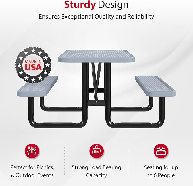 Leisure Craft Metal Picnic Table with Bench - 6 ft Rectangle Outdoor Dining Table for 6, Umbrella Hole, Weatherproof Heavy Duty Thermoplastic Coating, Commercial Grade Furniture Made in USA - Gray
