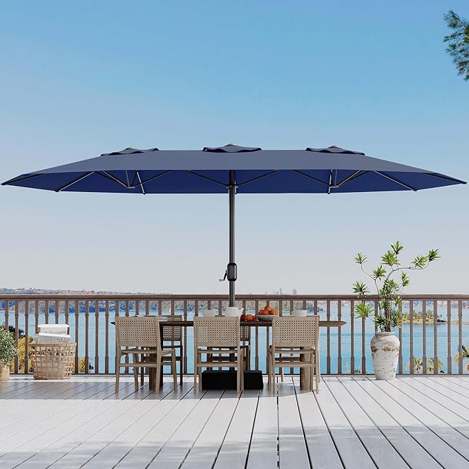 15FT Extra Large Double-Sided Patio Umbrella with Solar LED Lights – Heavy-Duty Rectangular Outdoor Market Umbrella, Fade-Resistant UV Canopy, Included Base for Backyard, Pool, Deck, Garden – Beige/Mist Blue