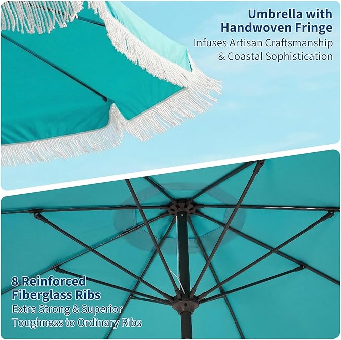 Garvee 10FT Fringe Patio Umbrella with Crank Handle,Push Button Tilt for Sun Shade,8 Fiberglass Ribs, 1.5"D Premium Steel Pole,Outdoor Large Tassel Umbrella for Patio Beach Pool Backyard,10' Lake Blue