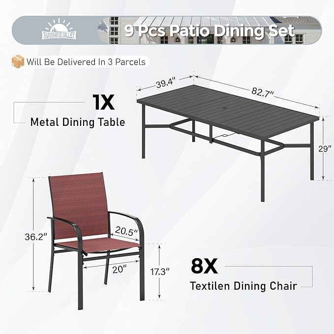 SUNSHINE VALLEY Patio Dining Set 9 PCS, 8 Stable Outdoor Dining Chairs with Rectangular Dining Table, Patio Table and Chairs Set for Lawn,Garden,Deck and Backyard