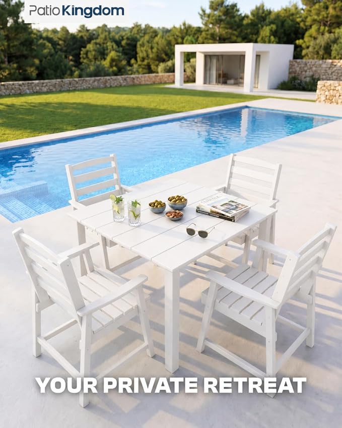 HDPE Outdoor Dining Set for 4 with 10FT Umbrella, White | All-Weather HDPE, Wood Grain Finish, 42.5" Square Table, Built-In Umbrella Hole, Seats 4, Patio & Poolside Ready