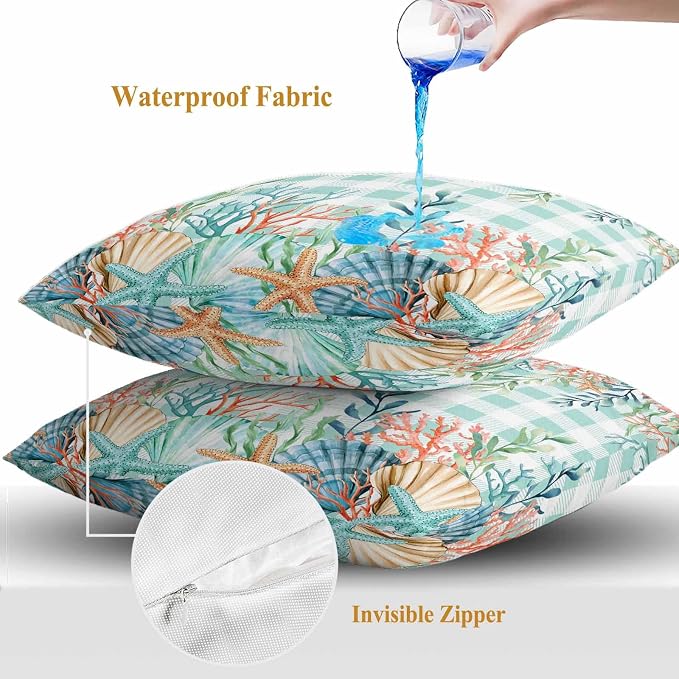 Throw Pillow Covers 24x24 Inch Set of 2, Summer Coastal Waterproof Outdoor Pillow Covers, Watercolor Corals Shells Starfish Green Plaid Decorative Cushion Pillowcases for Couch, Sofa, Bed, Patio
